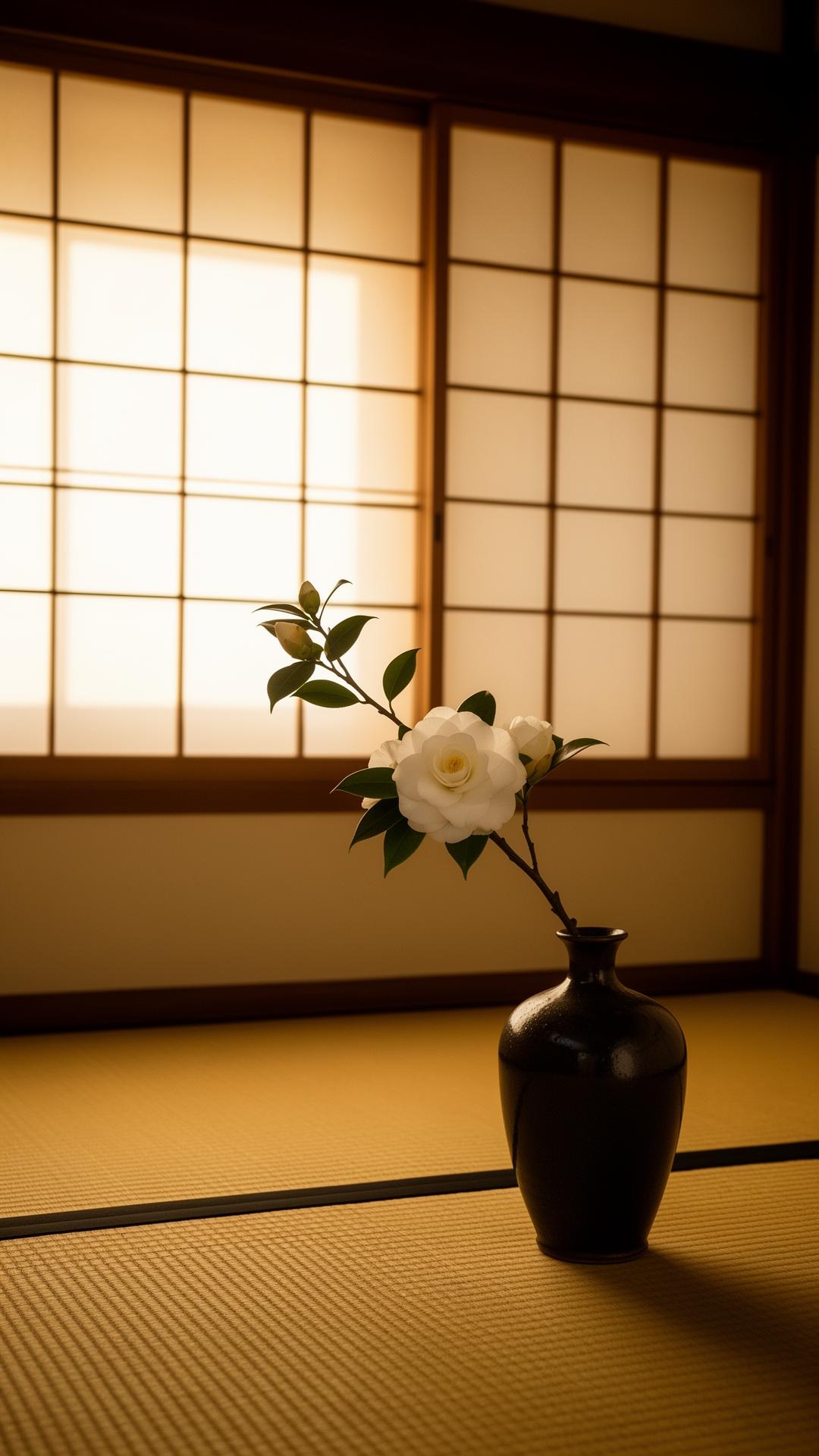 A quiet tatami room with a single white camellia