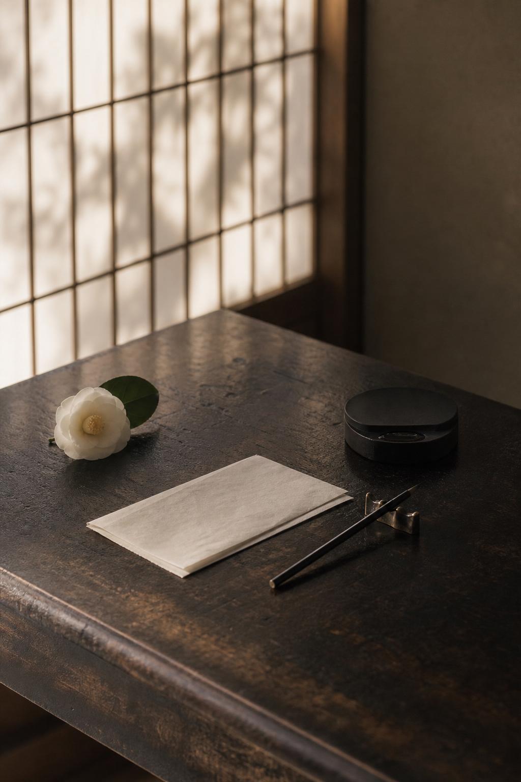 京都の町家、書斎の一隅:白椿、硯、毛筆、そして未だ開かれぬ和紙の便箋